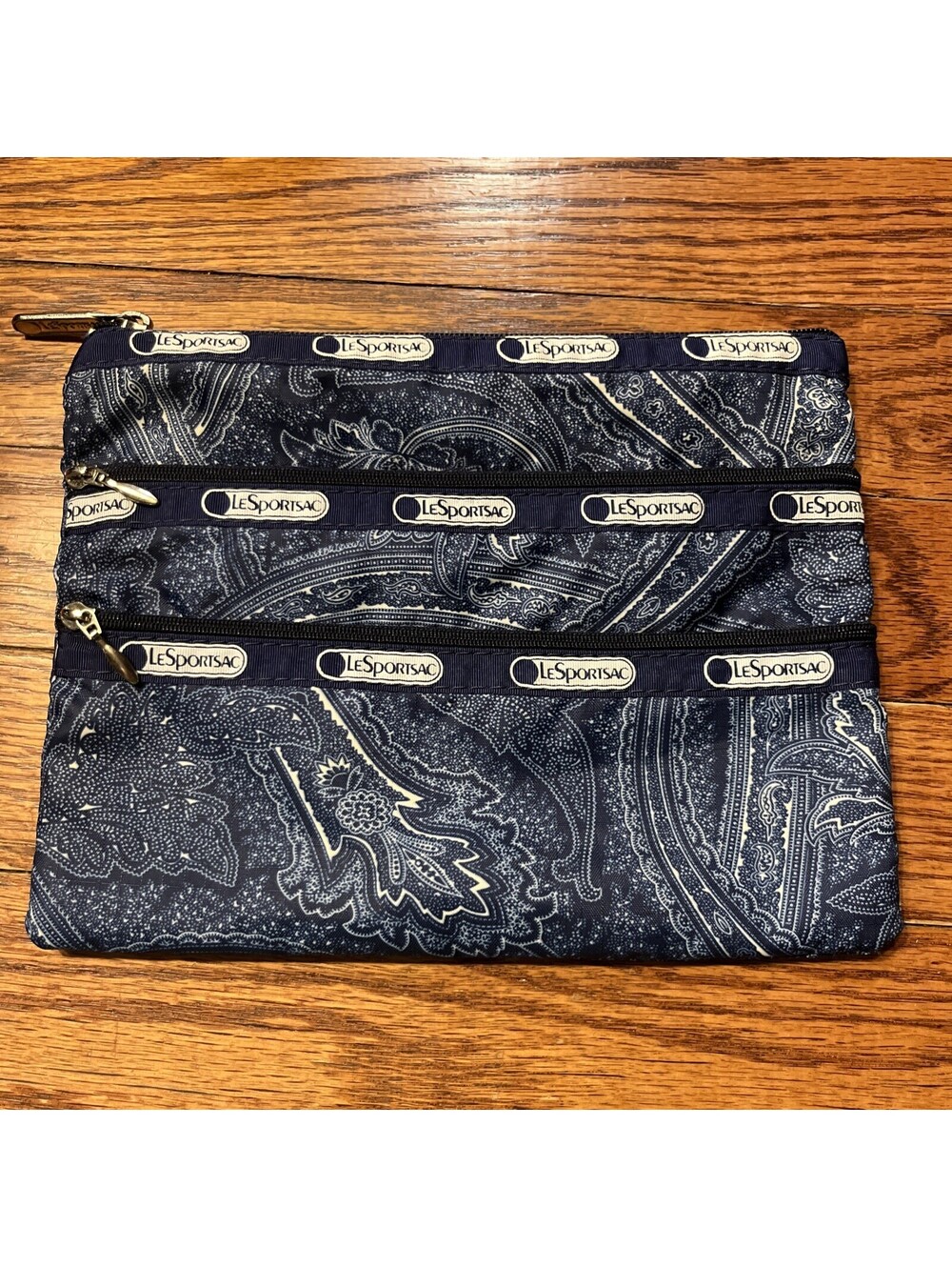 Vintage LeSportsac Blue Navy Paisley 3 zip Pouch Wallet Made in USA 80s 90s